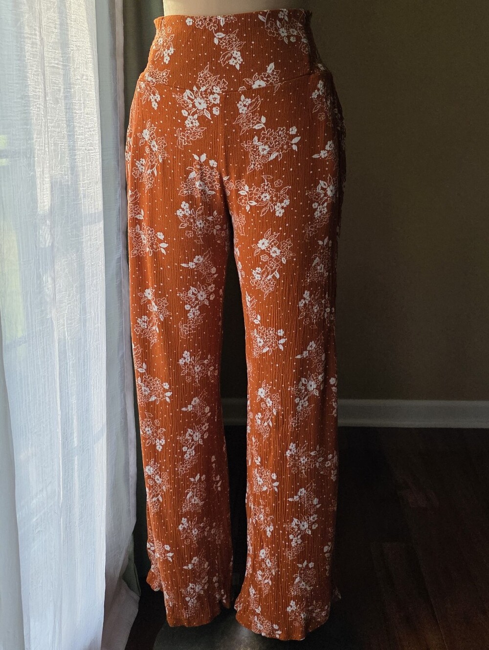 Three Dots Floral Wide Leg Boho Palazzo Pants Smocked Shirred Burnt Sienna M